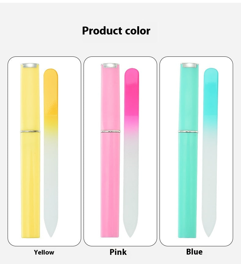 Nail file polishing manicure set made of plastic and nano glass, available in six colors (Pink, Blue, Cyan, Yellow, Purple, Green). Compact size (14 * 1.2 cm) with a thickness of 0.3mm, packaged in a convenient storage box for easy use and organization.