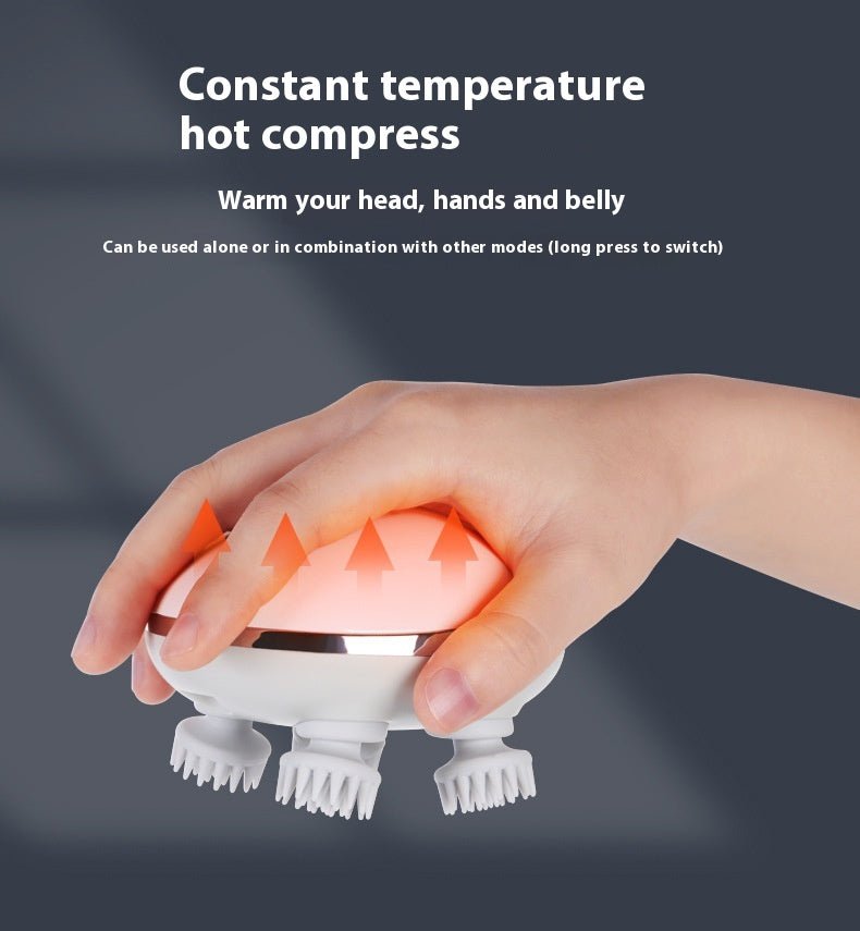 Octopus scalp massage instrument with 4 adjustable gears, USB-powered, available in three models: K113 (no base, no hot compress), K111 (with base and red hot compress), K112 (with base, microcurrent, and red hot compress). Comes with multilingual manuals in Chinese, English, and Japanese.