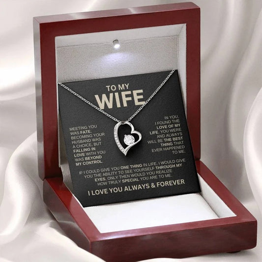 Heart-shaped Love Necklace in elegant gift box, perfect for wife, symbolizing love and affection, with options for silver or gold card and high-grade solid wood gift boxes.