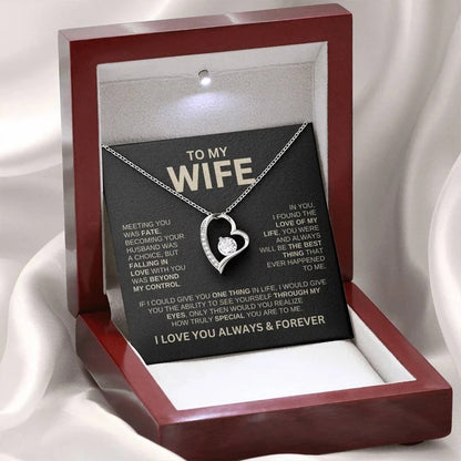 Heart-shaped Love Necklace in elegant gift box, perfect for wife, symbolizing love and affection, with options for silver or gold card and high-grade solid wood gift boxes.
