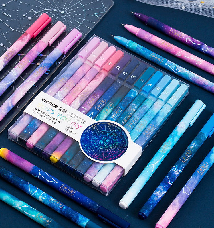 Twelve constellation gel pen set featuring 12 pens with unique zodiac designs, made of plastic and packaged in a plastic outer box, perfect for writing and gifting.