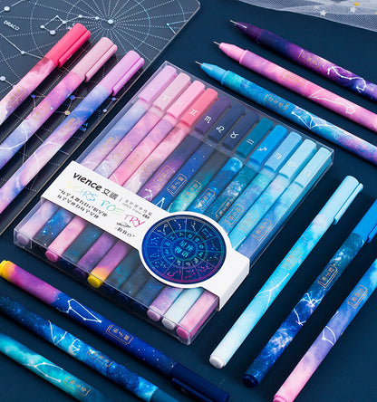 Twelve constellation gel pen set featuring 12 pens with unique zodiac designs, made of plastic and packaged in a plastic outer box, perfect for writing and gifting.