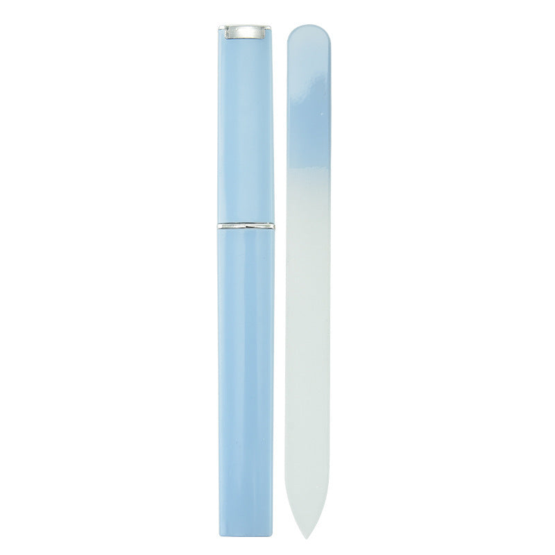 Nail file polishing manicure set made of plastic and nano glass, available in six colors (Pink, Blue, Cyan, Yellow, Purple, Green). Compact size (14 * 1.2 cm) with a thickness of 0.3mm, packaged in a convenient storage box for easy use and organization.