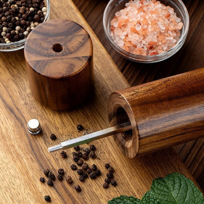 Acacia Mangium 8-inch manual pepper grinder with a ceramic grinding mechanism, available in single, 2-piece, or 3-piece sets. Modern, minimalist design with color box packaging.