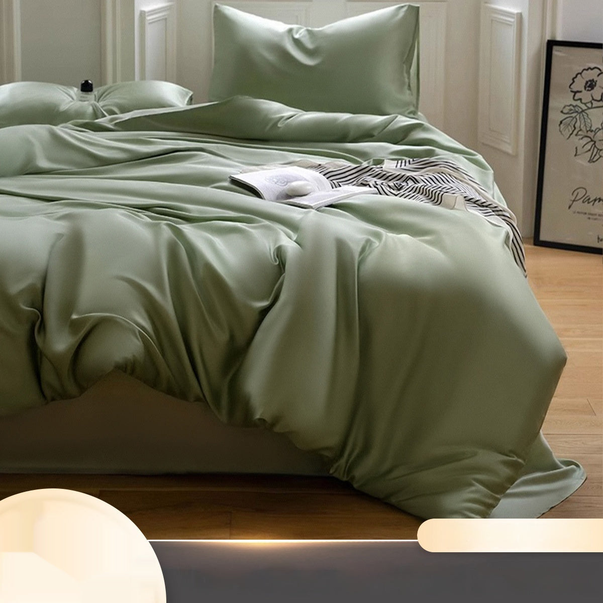 Luxuriously soft Four-Piece Ice Silk Bed Sheets made from breathable Lyocell fiber (Tencel). Features a modern minimalist design, reactive dyeing for long-lasting color, and a silky-smooth texture for year-round comfort. Available in multiple sizes.