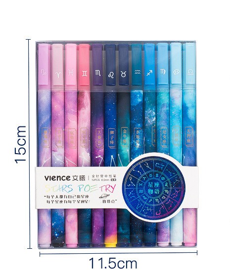 Twelve constellation gel pen set featuring 12 pens with unique zodiac designs, made of plastic and packaged in a plastic outer box, perfect for writing and gifting.