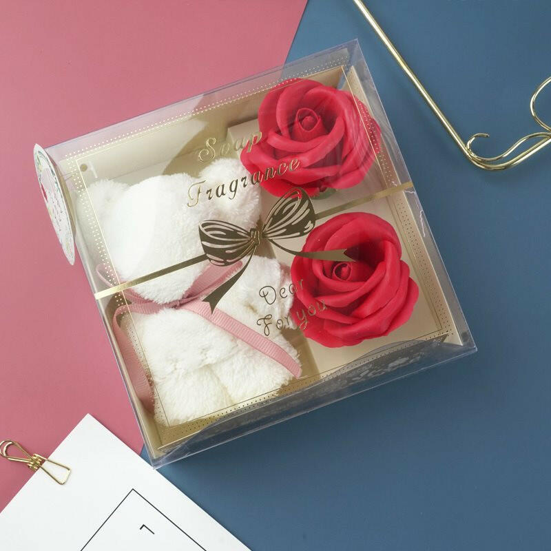 Handmade towel bear in a soap flower gift box, available in red, blue, and pink, perfect for gifting with a charming and fragrant touch