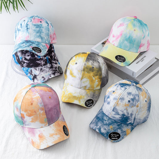 Gradient colorful tie-dye baseball cap with flower pattern, designed for sun protection and ventilation, made from soft cotton material, suitable for all seasons