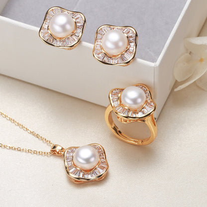 Elegant pearl necklace, ring, and earrings set in various color options, featuring timeless designs and luxurious craftsmanship