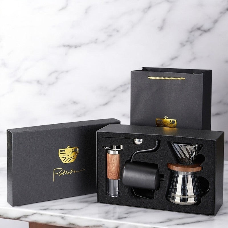 "Pour-Over Coffee Suit Gift Box – A premium coffee brewing set with elegant design and bronzing surface technology. Available in multiple configurations, including 6, 7, 8, and 9-piece sets with luxury packaging. Perfect for coffee lovers, professionals, and gift-giving on any occasion."