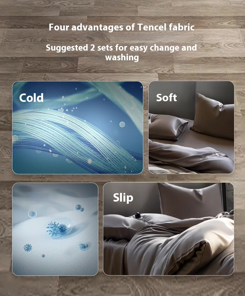 Luxuriously soft Four-Piece Ice Silk Bed Sheets made from breathable Lyocell fiber (Tencel). Features a modern minimalist design, reactive dyeing for long-lasting color, and a silky-smooth texture for year-round comfort. Available in multiple sizes.