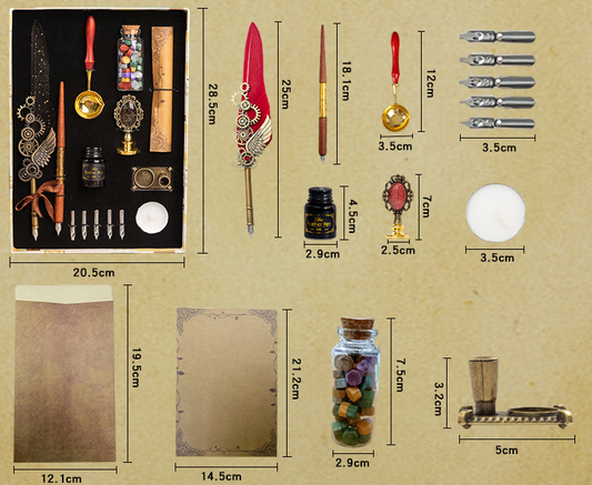 **Business Gift Box Pen Set – Elegant & Crafty 🖋️** A **retro punk-style** pen set with high-quality materials like **brass pen holders**, **natural feathers**, and **wooden components**. Includes **1 feather pen**, **1 wooden dip pen**, **1 candle**, **1 seal**, **1 bottle of wax particles**, **5 replacement tips**, and more, all neatly packaged in a gift box. Available in colors like **wine red, navy blue, black**, and **white**—perfect for gifting or enhancing your workspace. 📜🎁
