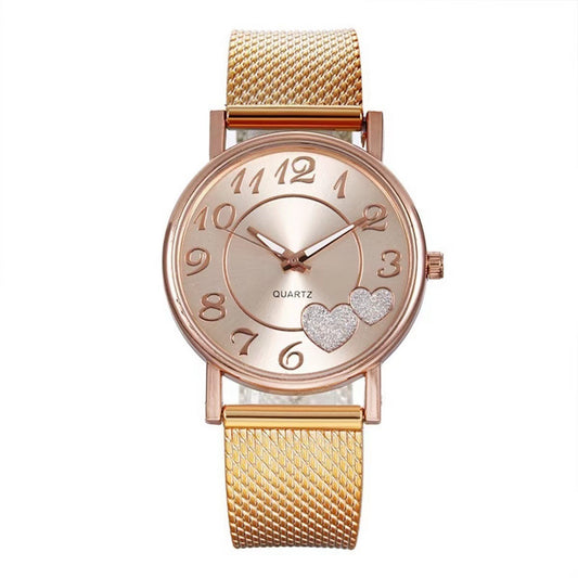 A five-piece women's jewelry set, featuring a quartz watch with a spiral crown, pin buckle, and a durable plastic mirror. The set comes in a love-themed gift box with a 36mm dial diameter and a thickness of 10mm.