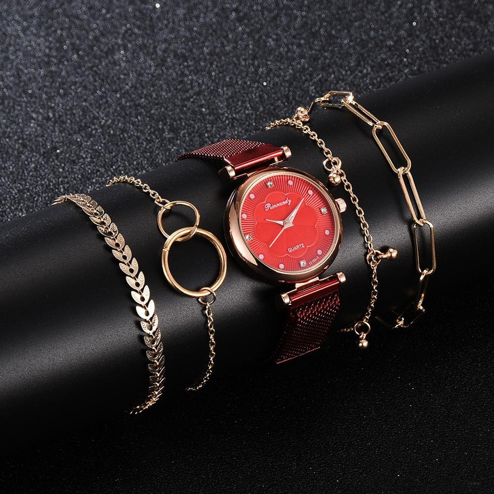 Bracelet and strap watch set featuring a simple, casual, and fashionable design with an alloy strap, magnet buckle clasp, and an elegant matching bracelet.