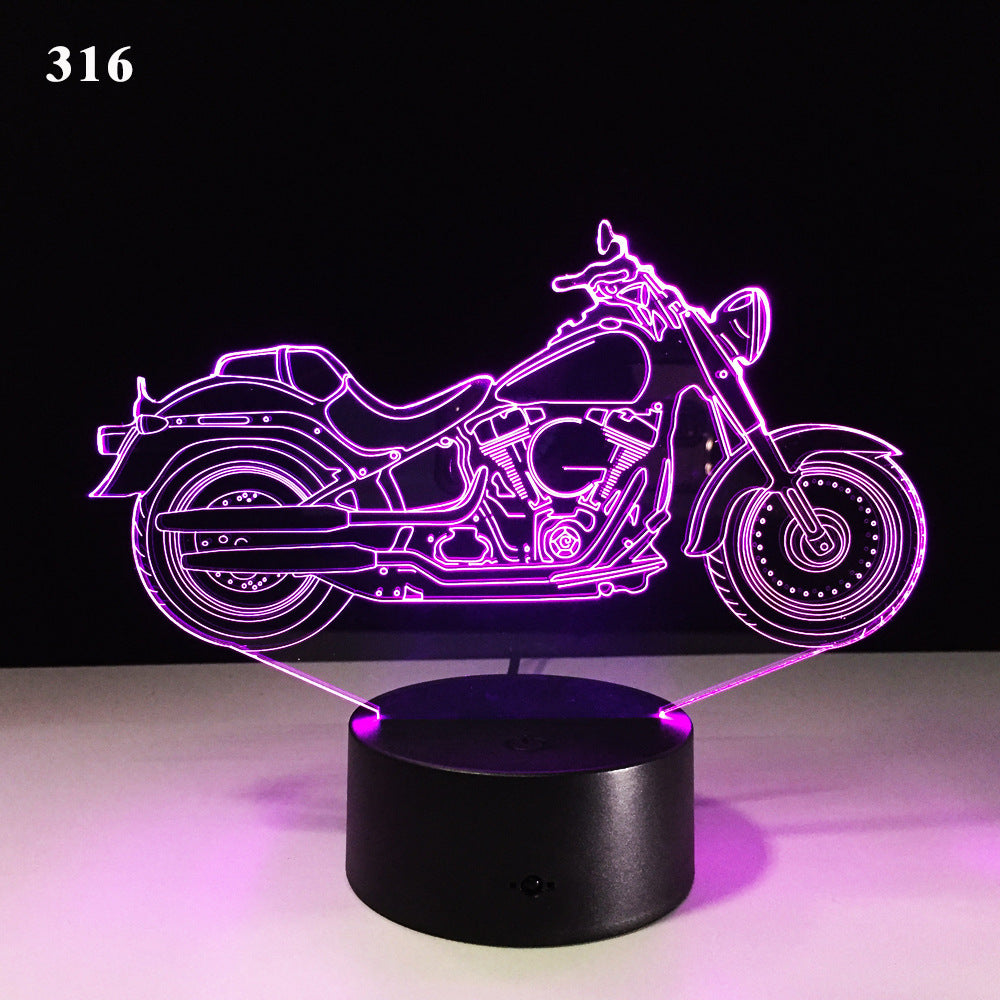 Motorcycle LED desk lamp with a black background and colorful touch controls, featuring an acrylic shade for a sleek and modern look. Ideal for home, hotel rooms, corridors, and entertainment spaces.
