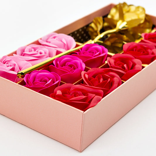 **Rose Soap Flower Gift Box – Elegant & Luxurious 🌹** 12 soap flowers and **gold leaf roses** in a beautifully designed **22.5 x 11.5 x 4 cm** gift box. Ideal for any special occasion. **1 x Gift Box**.