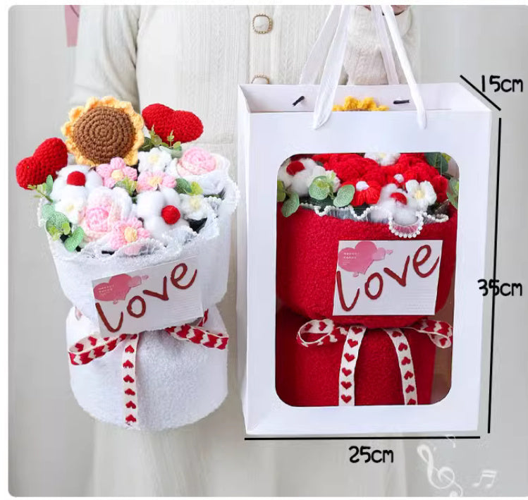 Creative knitted flower bouquet in various colors, perfect for gifting on special occasions like Valentine's Day, Mother's Day, and Teacher's Day, with lasting appeal.