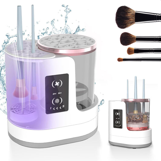 **Electric Makeup Brush Cleaner – Deep Clean, Dry & Disinfect! 💄✨** A powerful brush cleaning machine (192x122x173mm) with **850 r/min** high-speed rotation to remove **98% of makeup residue**. Features a **drying & disinfecting chamber**, a **one-button switch**, and **smart timing options (5-min cleaning, 2/5-hour drying)**. No batteries or assembly needed—just plug in and go! Compact and travel-friendly for effortless brush maintenance anywhere. 🌸