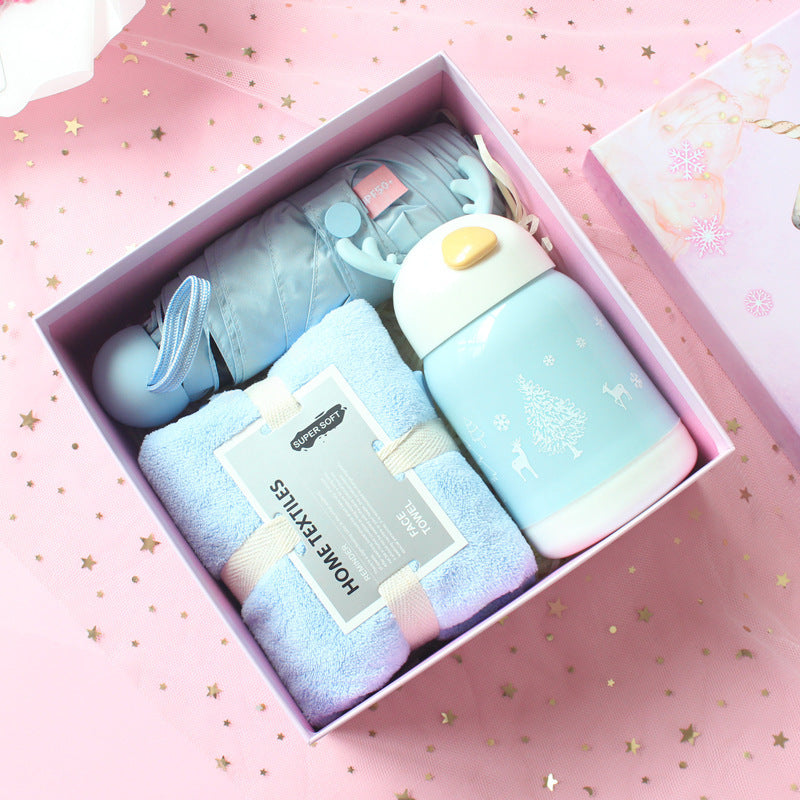 Birthday Cute Gift Set featuring coral fleece towels, matching hair bands, and optional glass cups, umbrellas, or eye masks in various stylish combinations.