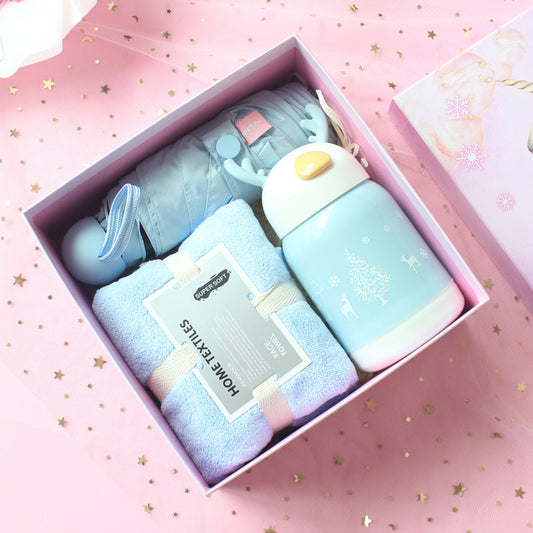 Birthday Cute Gift Set featuring coral fleece towels, matching hair bands, and optional glass cups, umbrellas, or eye masks in various stylish combinations.