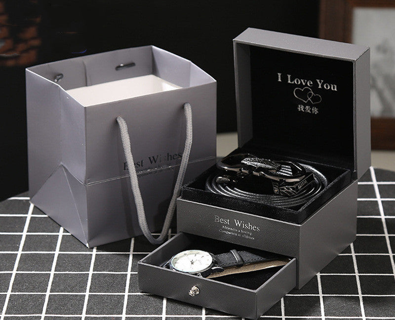 Leather Belt & Wallet Gift Box featuring a premium leather belt and either a stylish watch or wallet, all in a sleek 12 x 12 x 9 cm gift box. A perfect, elegant gift set.