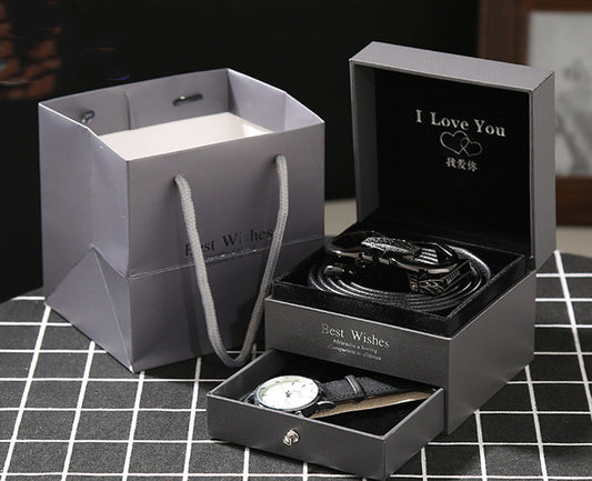 Leather Belt & Wallet Gift Box featuring a premium leather belt and either a stylish watch or wallet, all in a sleek 12 x 12 x 9 cm gift box. A perfect, elegant gift set.