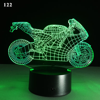 Motorcycle LED desk lamp with a black background and colorful touch controls, featuring an acrylic shade for a sleek and modern look. Ideal for home, hotel rooms, corridors, and entertainment spaces.