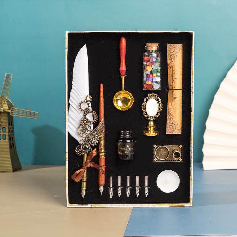**Business Gift Box Pen Set – Elegant & Crafty 🖋️** A **retro punk-style** pen set with high-quality materials like **brass pen holders**, **natural feathers**, and **wooden components**. Includes **1 feather pen**, **1 wooden dip pen**, **1 candle**, **1 seal**, **1 bottle of wax particles**, **5 replacement tips**, and more, all neatly packaged in a gift box. Available in colors like **wine red, navy blue, black**, and **white**—perfect for gifting or enhancing your workspace. 📜🎁