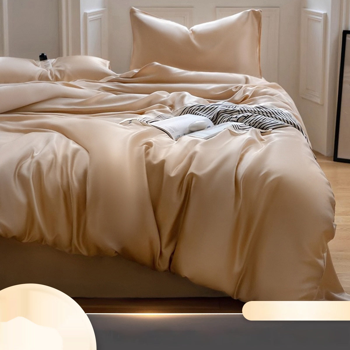 Luxuriously soft Four-Piece Ice Silk Bed Sheets made from breathable Lyocell fiber (Tencel). Features a modern minimalist design, reactive dyeing for long-lasting color, and a silky-smooth texture for year-round comfort. Available in multiple sizes.