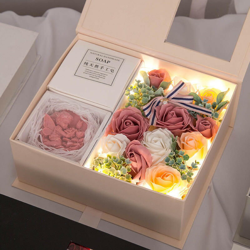 Handmade soap flower rose gift box in elegant packaging, available in various sets including thermos cups, wishing rabbit, and Little Fairy notebooks in different colors.
