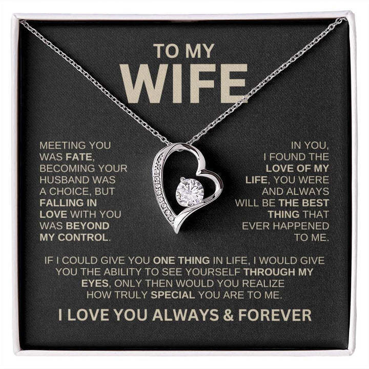 Heart-shaped Love Necklace in elegant gift box, perfect for wife, symbolizing love and affection, with options for silver or gold card and high-grade solid wood gift boxes.