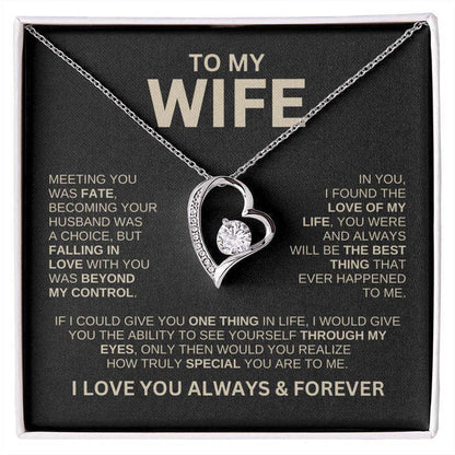 Heart-shaped Love Necklace in elegant gift box, perfect for wife, symbolizing love and affection, with options for silver or gold card and high-grade solid wood gift boxes.