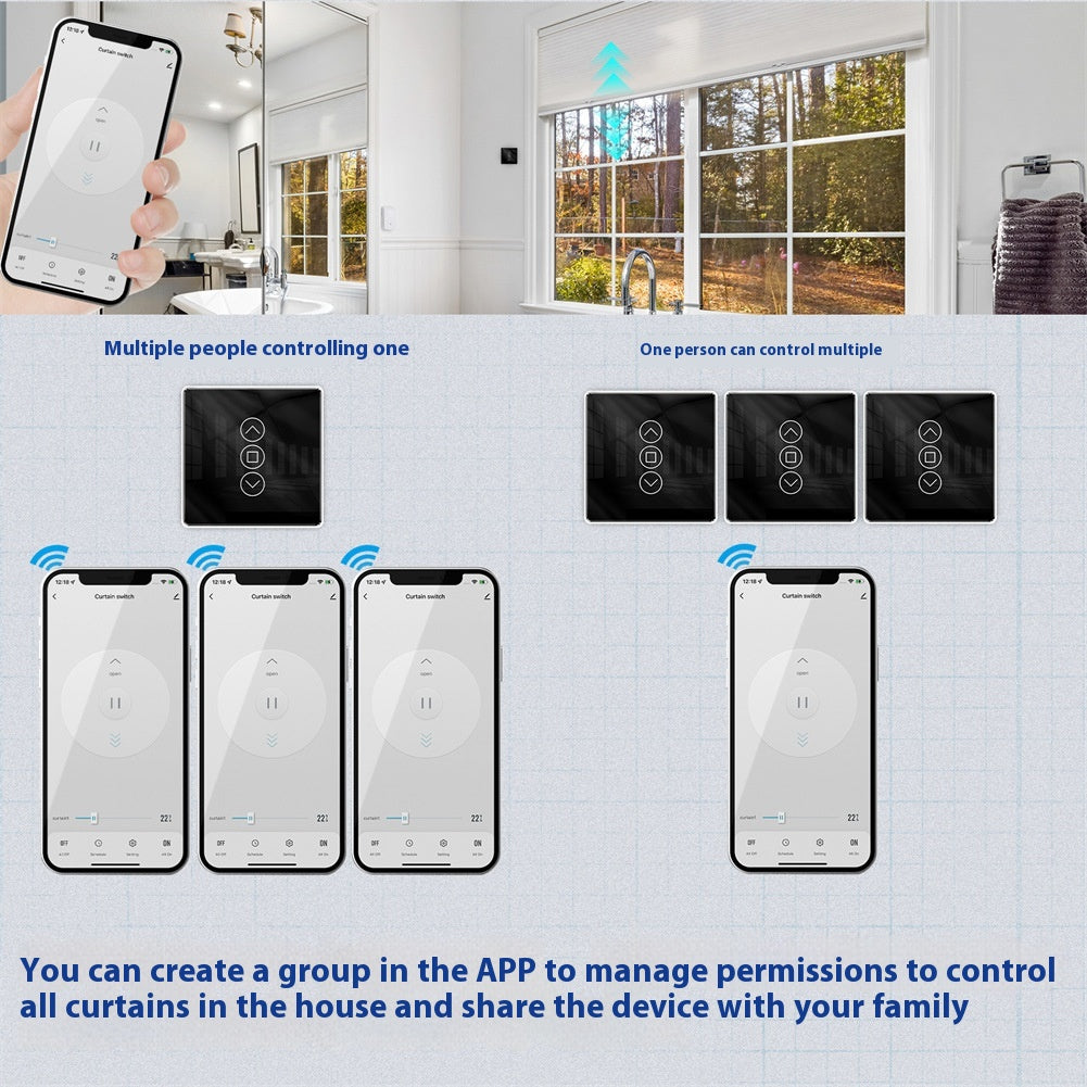WiFi Smart Curtain with control panel, featuring a waterproof design, timing function, and 2.4GHz RF433 WiFi connectivity. Made with tempered glass and designed for indoor use, it offers smart automation for modern homes.