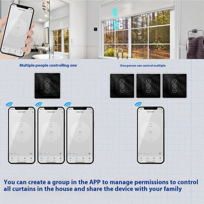 WiFi Smart Curtain with control panel, featuring a waterproof design, timing function, and 2.4GHz RF433 WiFi connectivity. Made with tempered glass and designed for indoor use, it offers smart automation for modern homes.
