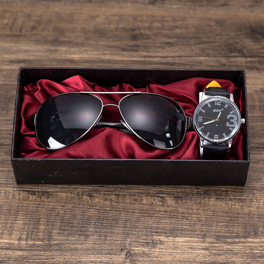 Watch and sunglasses creative combination set featuring a quartz movement watch with a 40mm round dial, imitation leather strap, and stainless steel pin buckle, paired with stylish sunglasses for a business-ready look