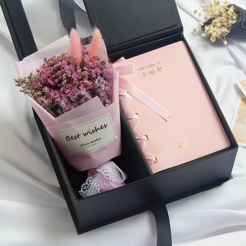 Handmade soap flower rose gift box in elegant packaging, available in various sets including thermos cups, wishing rabbit, and Little Fairy notebooks in different colors.