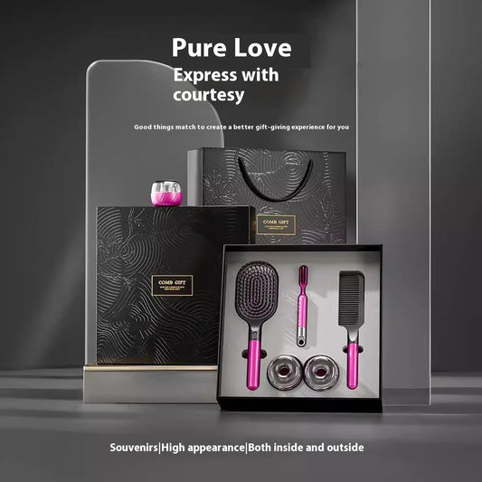 5-piece hair care gift set featuring an airbag comb, straight comb, storage racks, cleaning brush, and an elegant gift box with a gift bag. Ideal for hair styling and organization.