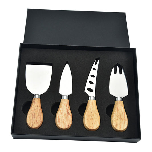 
6-piece stainless steel cheese cutter set with ergonomic handles, designed for slicing different types of cheese. Custom logo printing available, perfect for gifting or personal use.