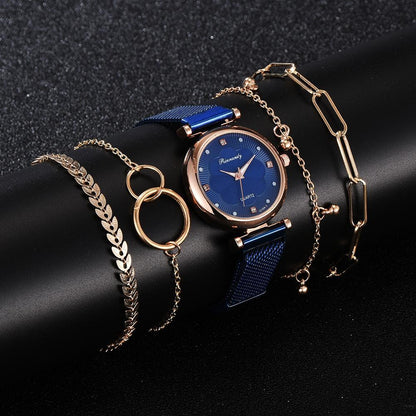 Bracelet and strap watch set featuring a simple, casual, and fashionable design with an alloy strap, magnet buckle clasp, and an elegant matching bracelet.