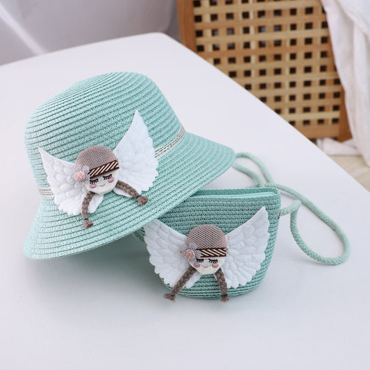 Adorable children's straw hat and matching bag set, featuring a wide-brimmed dome top hat with flat eaves and floral details. Made for ages 2-8, perfect for sunny outdoor adventures.