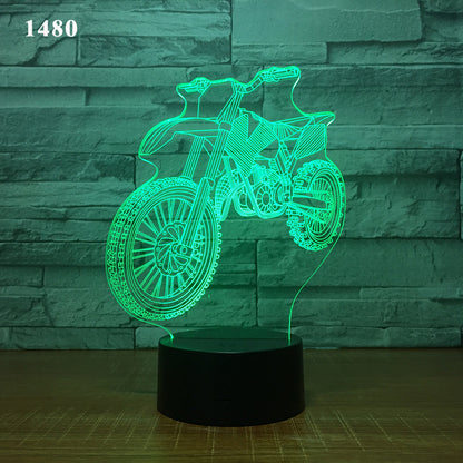 Motorcycle LED desk lamp with a black background and colorful touch controls, featuring an acrylic shade for a sleek and modern look. Ideal for home, hotel rooms, corridors, and entertainment spaces.