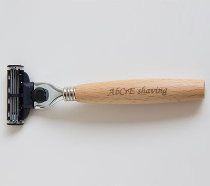 Men's shaving set featuring a metal brush and razor holder made of Fe-Ni alloy, a stainless steel double-layer shaving soap bowl, a 3-layer imported blade razor with a wooden handle, and a bristles shaving brush made from natural bristles. Available in two styles: one with a spare blade and another with two spare blades.