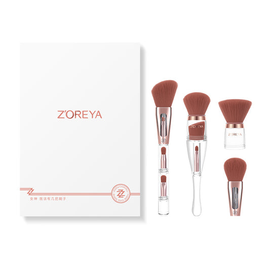 Zhuoerya 9-piece makeup brush set with transparent acrylic handles, featuring man-made fiber bristles for smooth application. Short rod handles for comfort and control, with an overall length of 22.5 cm.