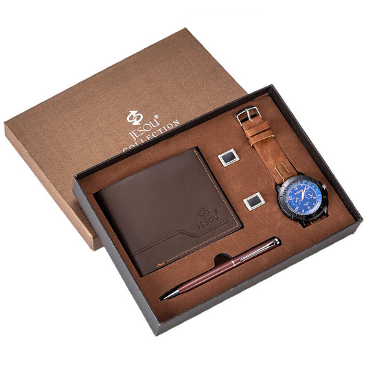 Men's casual watch set with a PU strap, quartz movement, and a stylish alloy case. Featuring a 40mm dial, waterproof up to 10m, and an elegant pin buckle clasp.