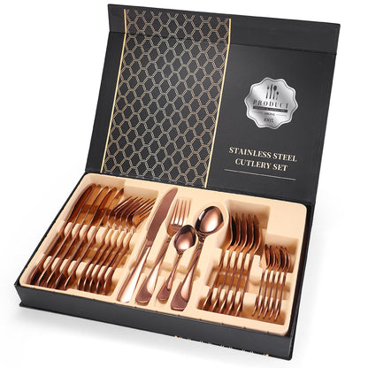 A 24-piece stainless steel cutlery set, made from durable 18/10 stainless steel, eco-friendly, BPA-free, and dishwasher safe. Includes forks, knives, spoons, and teaspoons.