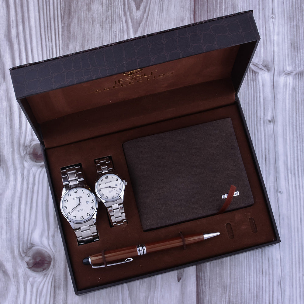 Men's waterproof quartz watch set with a stylish PU strap, stainless steel buckle, and zinc alloy case. Comes in a sleek gift box, available in brown or black.