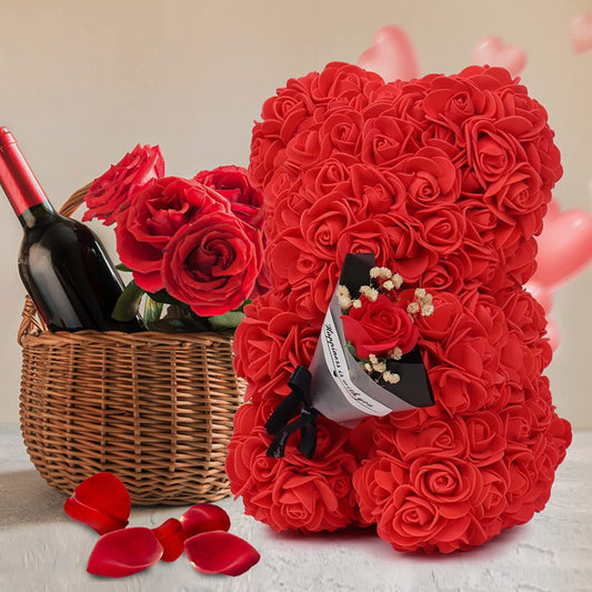 "Rose Flower Teddy Bear – A beautifully crafted teddy bear made from artificial roses, available in various elegant gift box colors. A perfect romantic gift for Valentine's Day, anniversaries, birthdays, weddings, and special occasions."