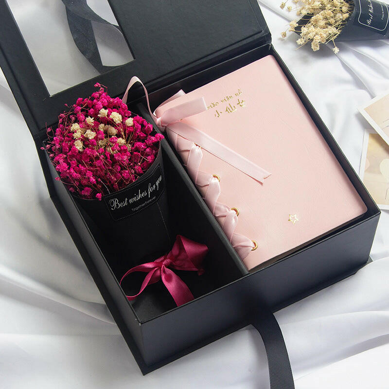 Handmade soap flower rose gift box in elegant packaging, available in various sets including thermos cups, wishing rabbit, and Little Fairy notebooks in different colors.