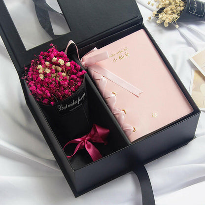 Handmade soap flower rose gift box in elegant packaging, available in various sets including thermos cups, wishing rabbit, and Little Fairy notebooks in different colors.