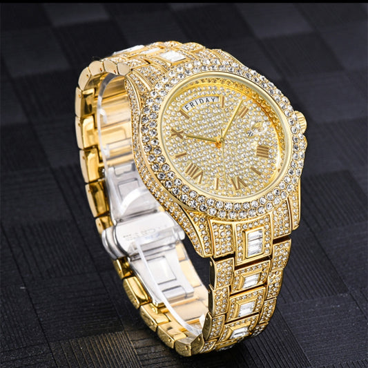 Elevate your style with the Men's Full Diamond Luxury Quartz Watch, a masterpiece that blends luxury and functionality in a timeless design. Crafted for the modern man, this watch not only offers precise timekeeping but also features a calendar edition, making it as practical as it is stylish.